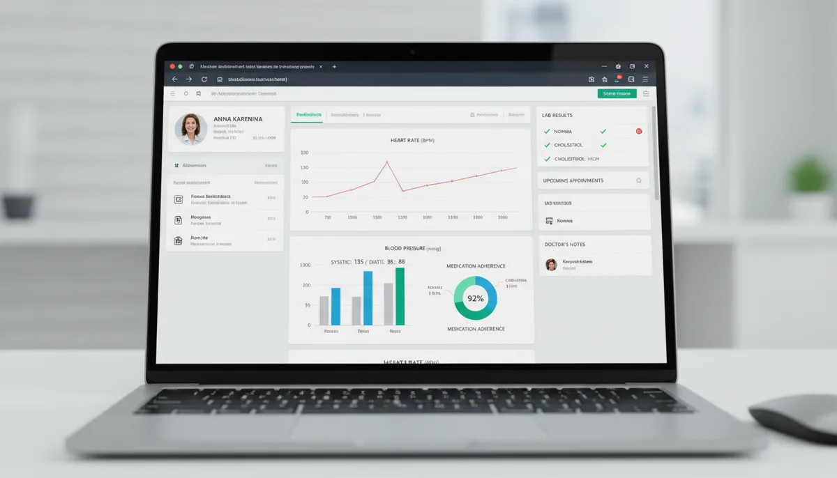 Монитор ноутбука с интерфейсом медицинской CRM-системы, графики показателей пациента