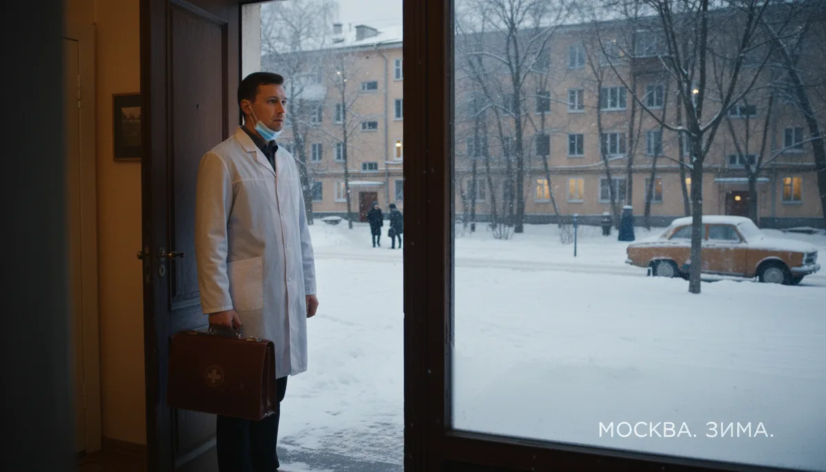 Врач с медицинским чемоданом, порог городской квартиры, зимний московский двор